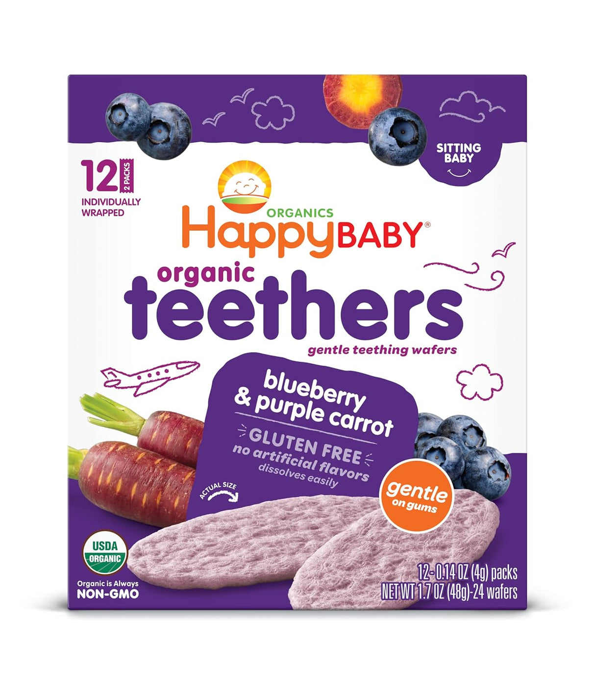 Happy Baby Organic Teething Wafers, Blueberry & Purple Carrot, Gentle Teethers, 1.7 oz, Case of 6