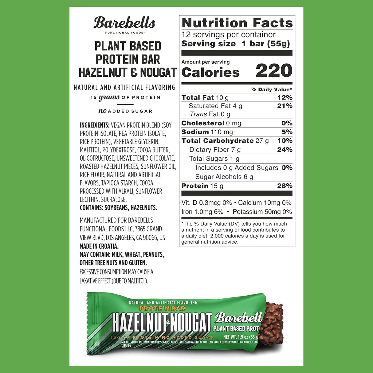 Nutrition label and Hazelnut Nougat Barebells protein bar on a white background with green border