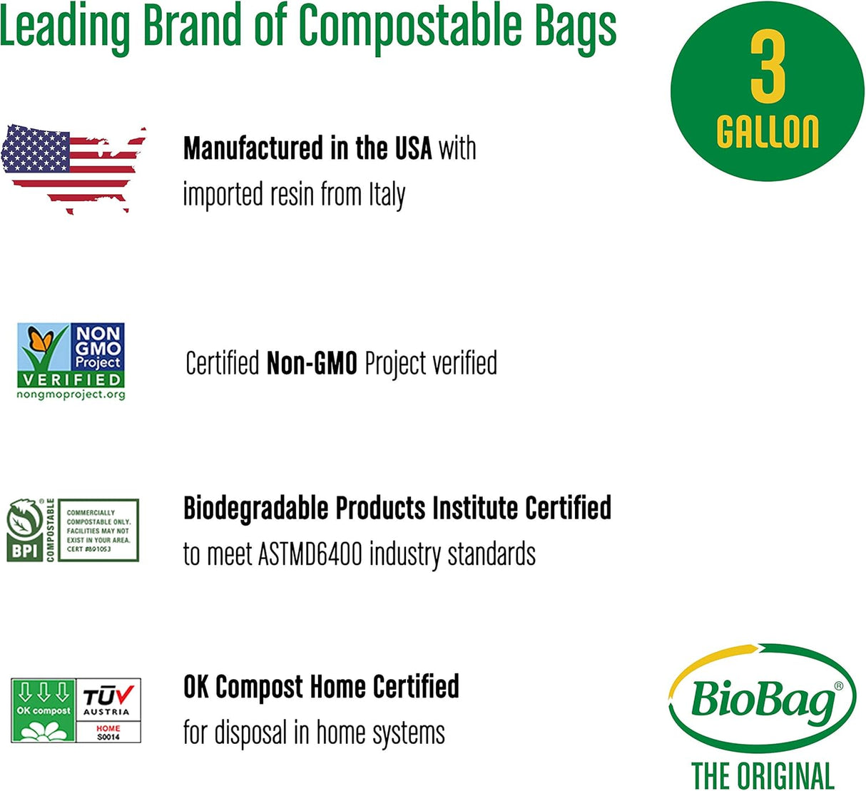 Biobag Food Scraps Compostable Bags, 3 Gallon, 25 Count, Case of 12