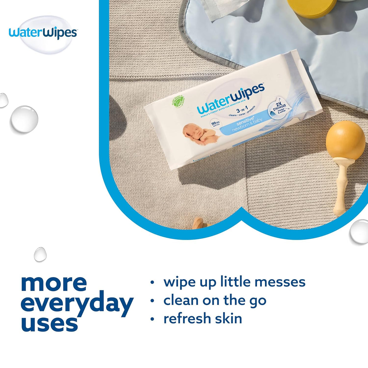 WaterWipes packaging with text on everyday uses on a neutral background