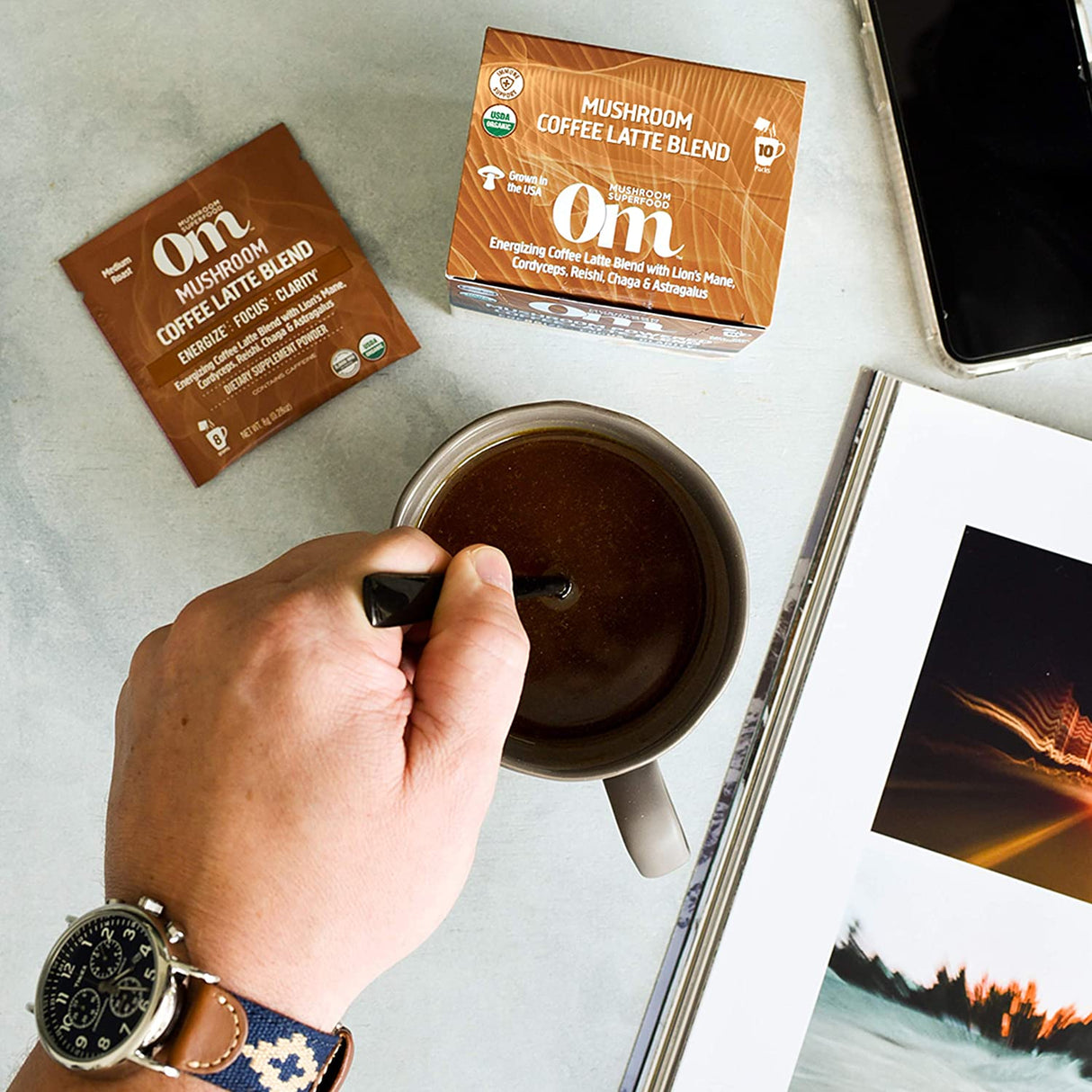 Om Mushroom Superfood Coffee Latte Blend Mushroom Powder, Single Serve, 10 Count, Lion's Mane, Cordyceps, Reishi, Chaga - Cozy Farm