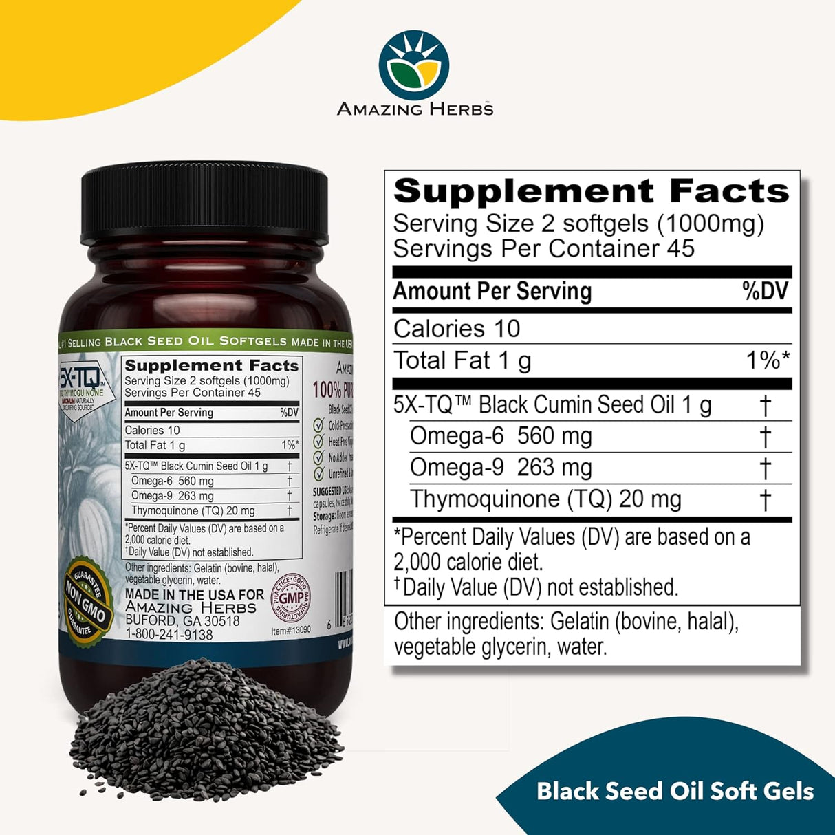 Supplement bottle with label and black seed oil on a white background