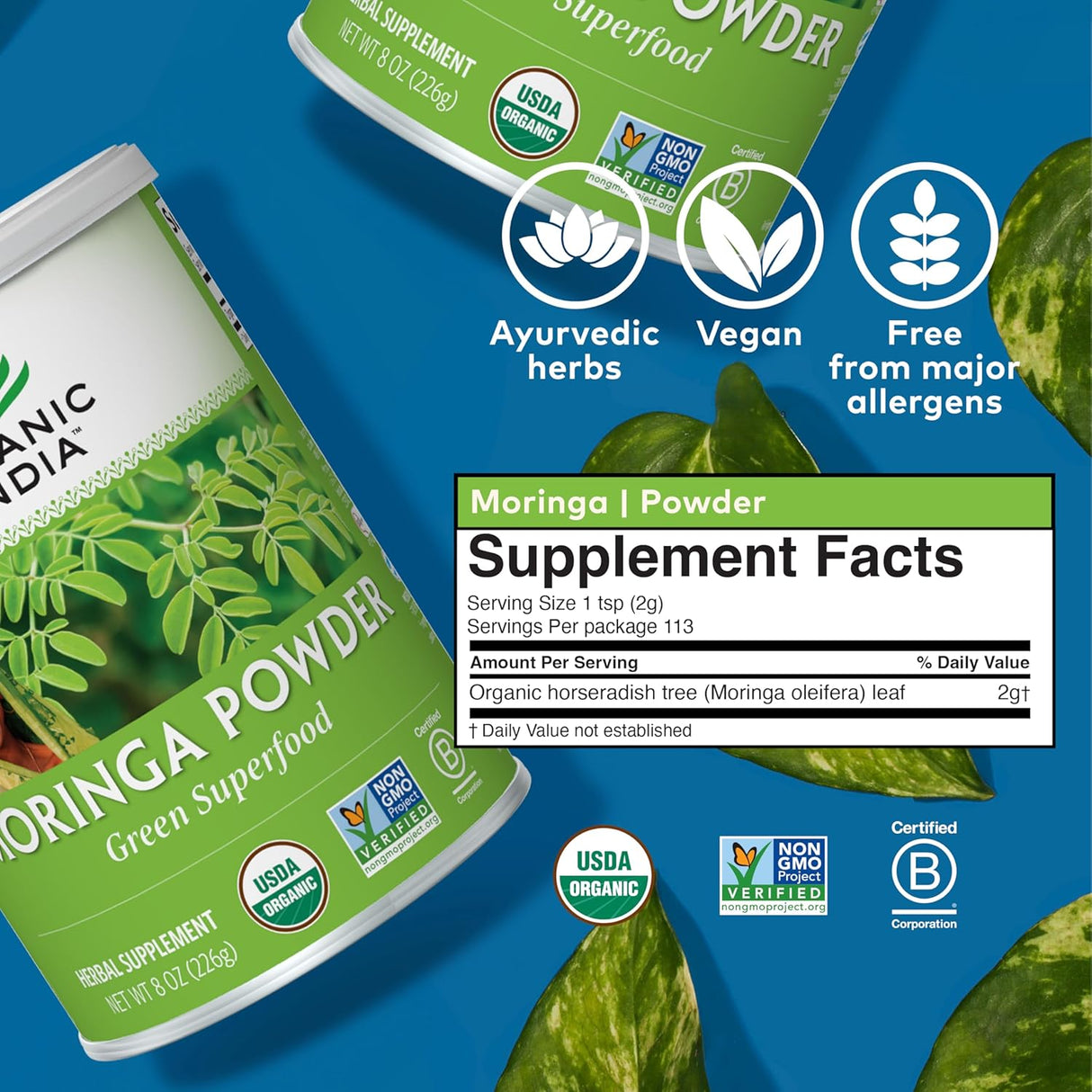 Moringa powder supplement packaging with supplement facts on a blue background