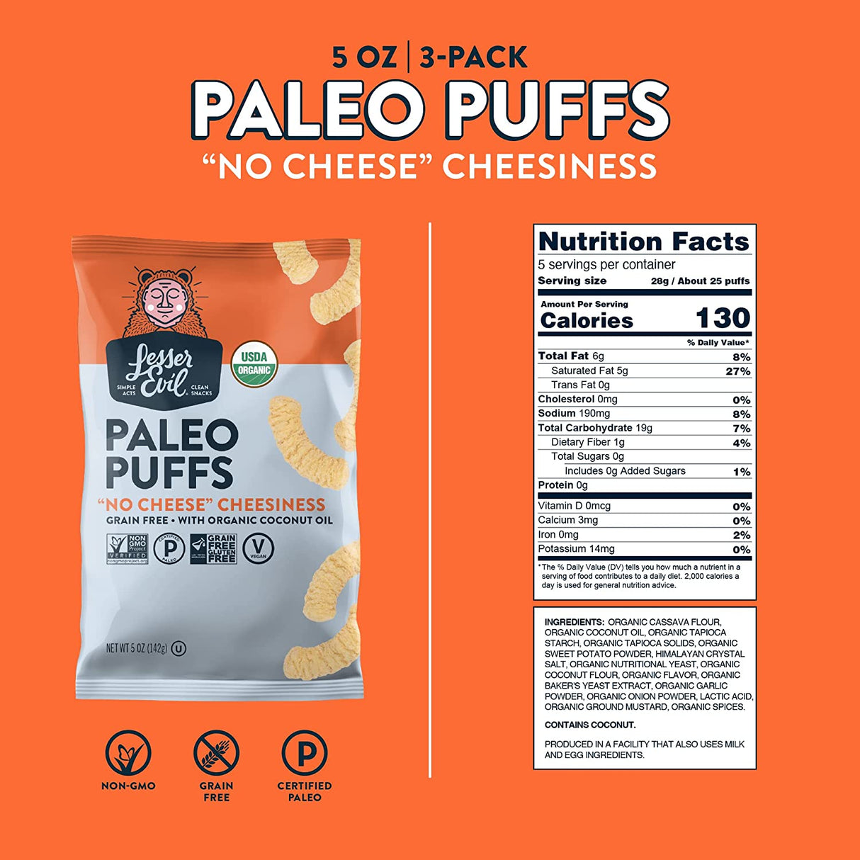 Lesser Evil Paleo Puffs Crunch - No-Cheese Cheesiness (Pack of 9 - 5 Oz.) - Cozy Farm