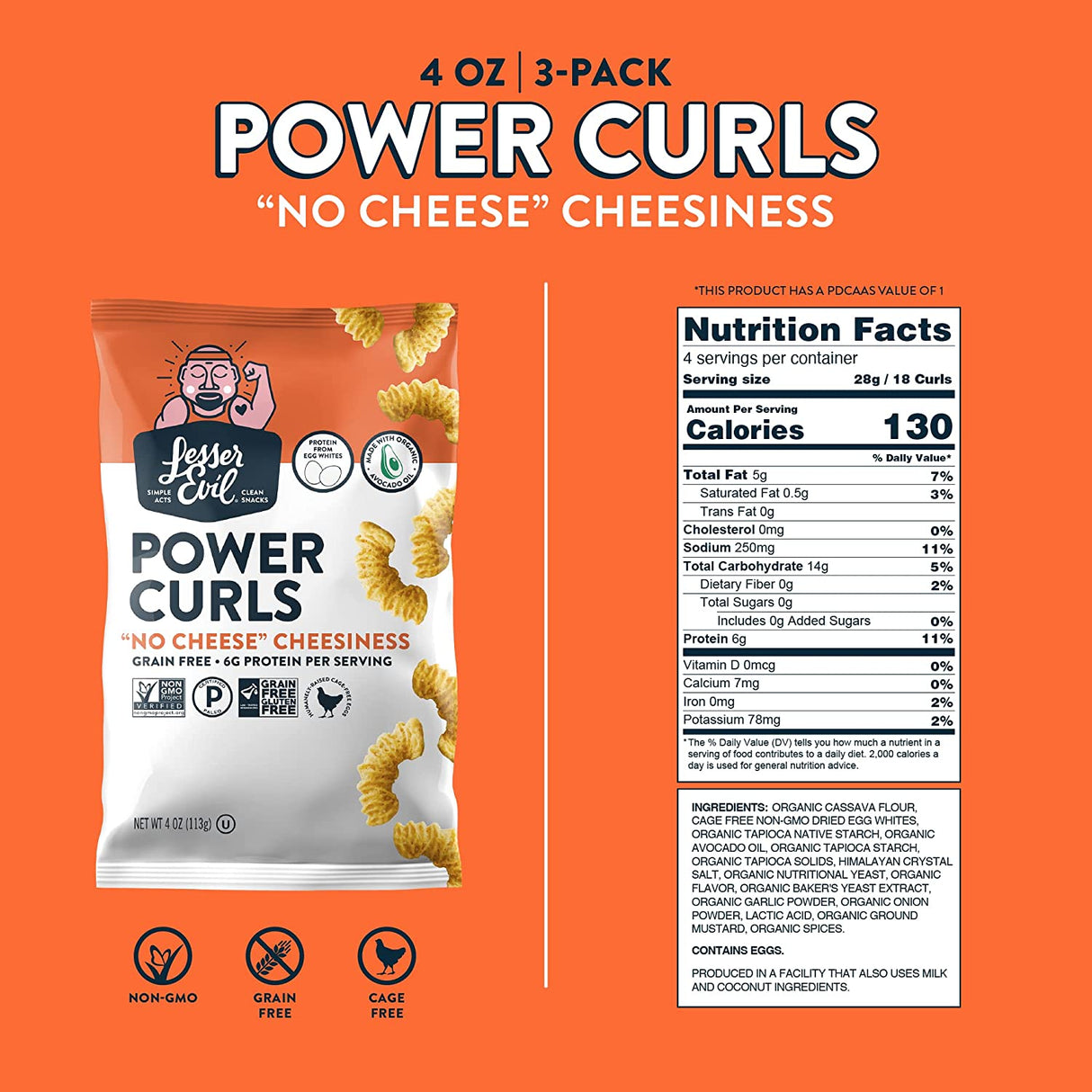 Lesser Evil, Organic Power Curls No Cheese Cheesiness, Case Of 9, 4 oz - Cozy Farm