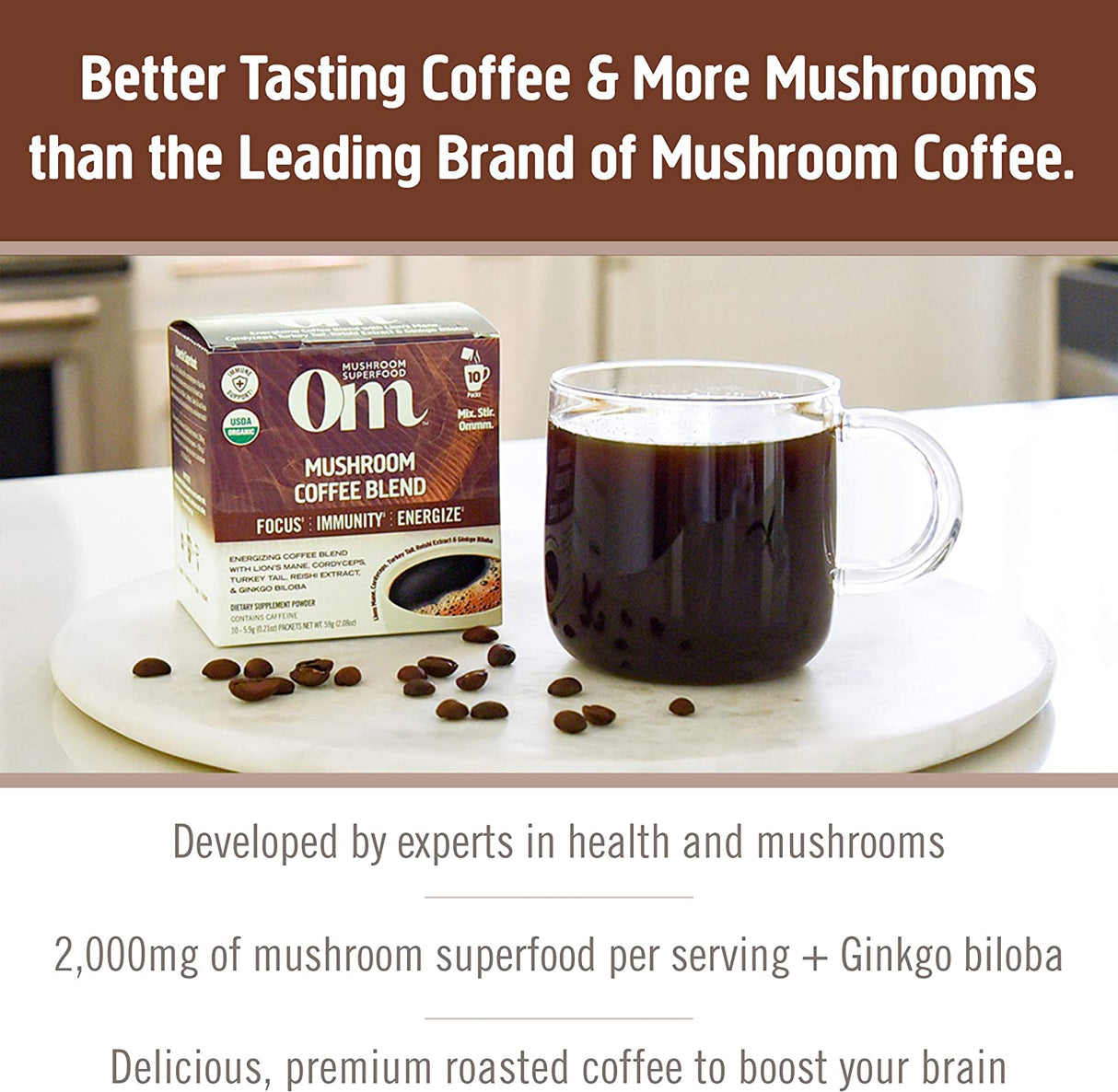Om Mushroom Superfood Coffee Blend Mushroom Powder, Single Serve, 10 Count - Cozy Farm