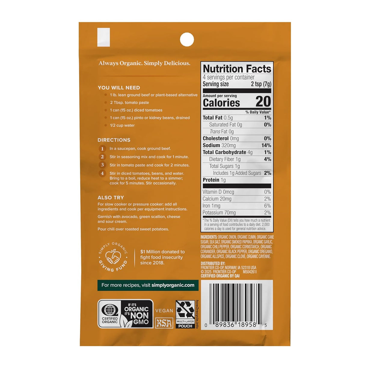 Back of an organic food package with nutrition facts, ingredients, and certification logos.