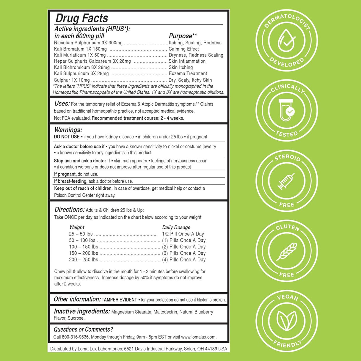 Drug facts label with green background and white text