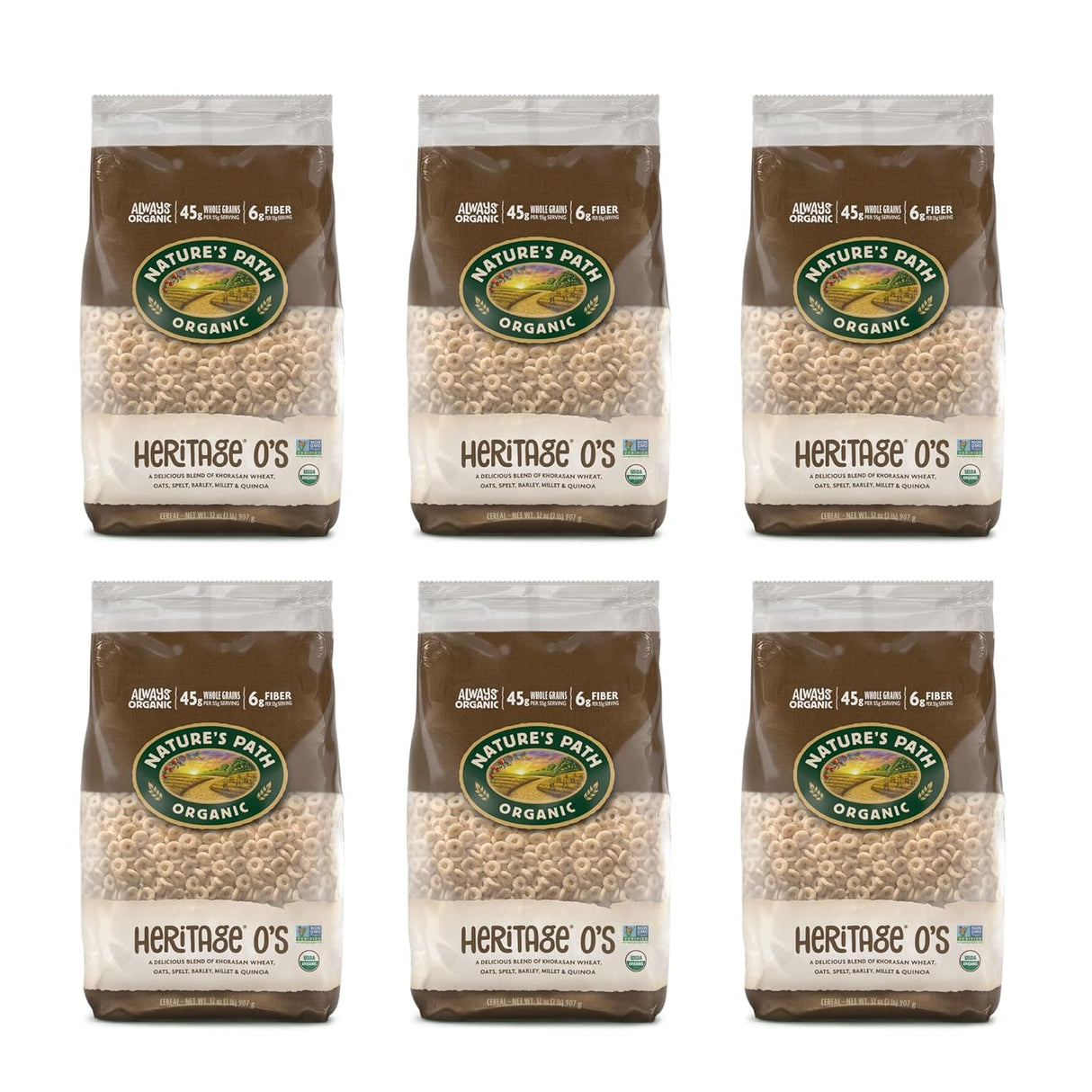 Six packages of Nature's Path Organic Heritage O's on a white background