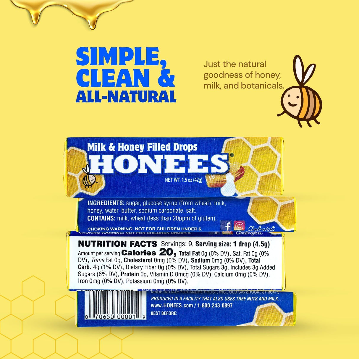 Honees Milk and Honey Filled Bite-Sized Soft Caramel Drops, Pack of 24, 1.5 Oz.