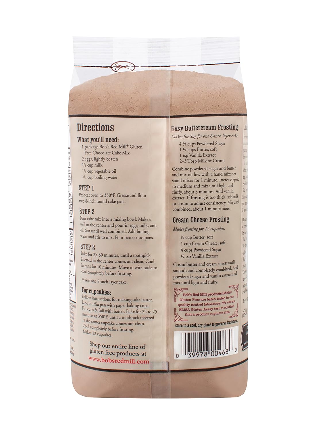 Back of a container with frosting directions and branding on a white background