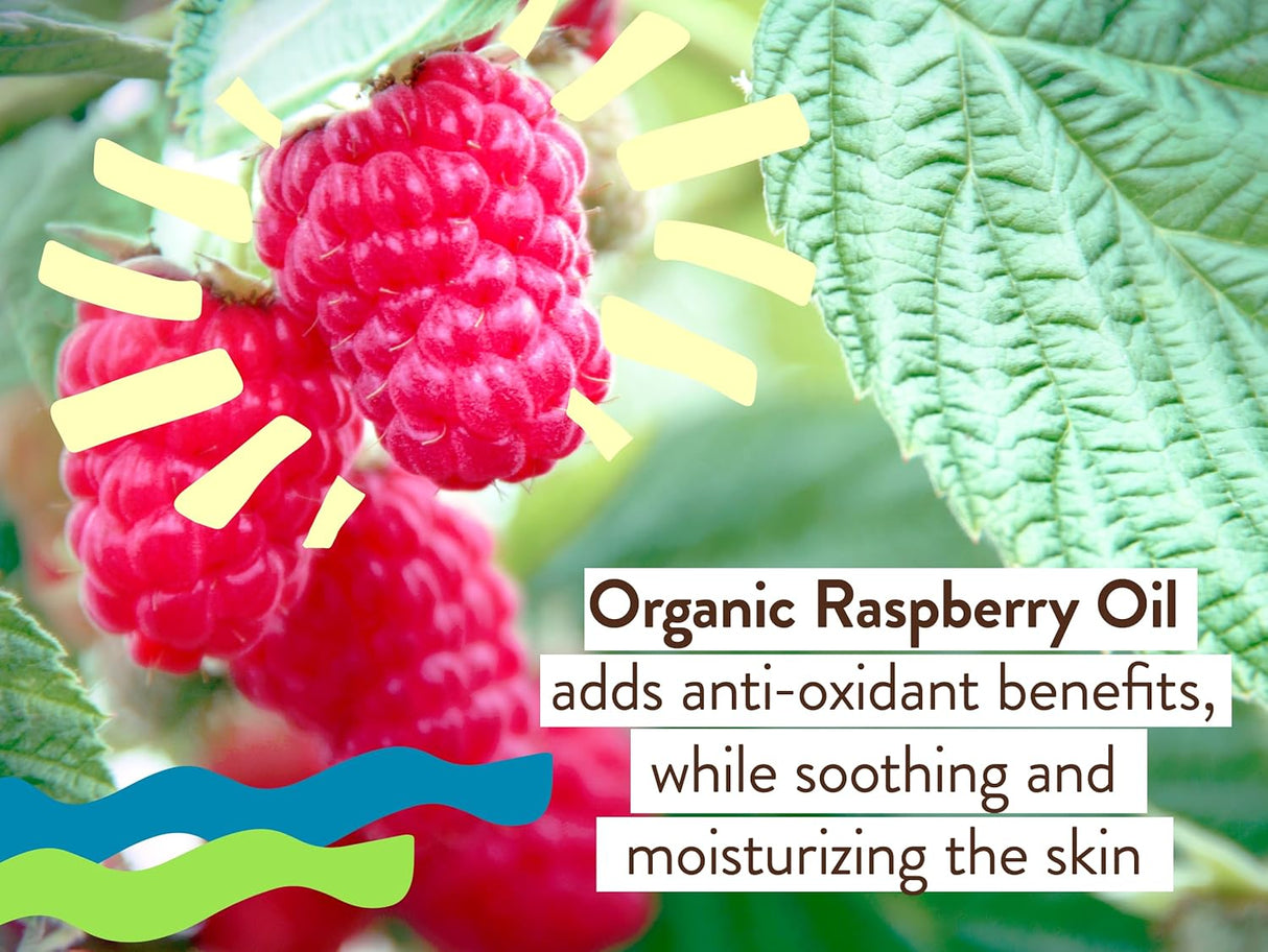 Raspberries with leaves and text about organic raspberry oil benefits