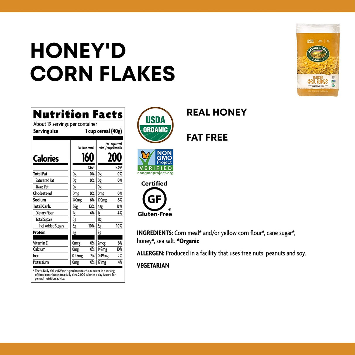 Nature's Path Organic Honey'd Corn Flakes, 6 x 26.4 Oz. - Sweetened with Honey - Cozy Farm