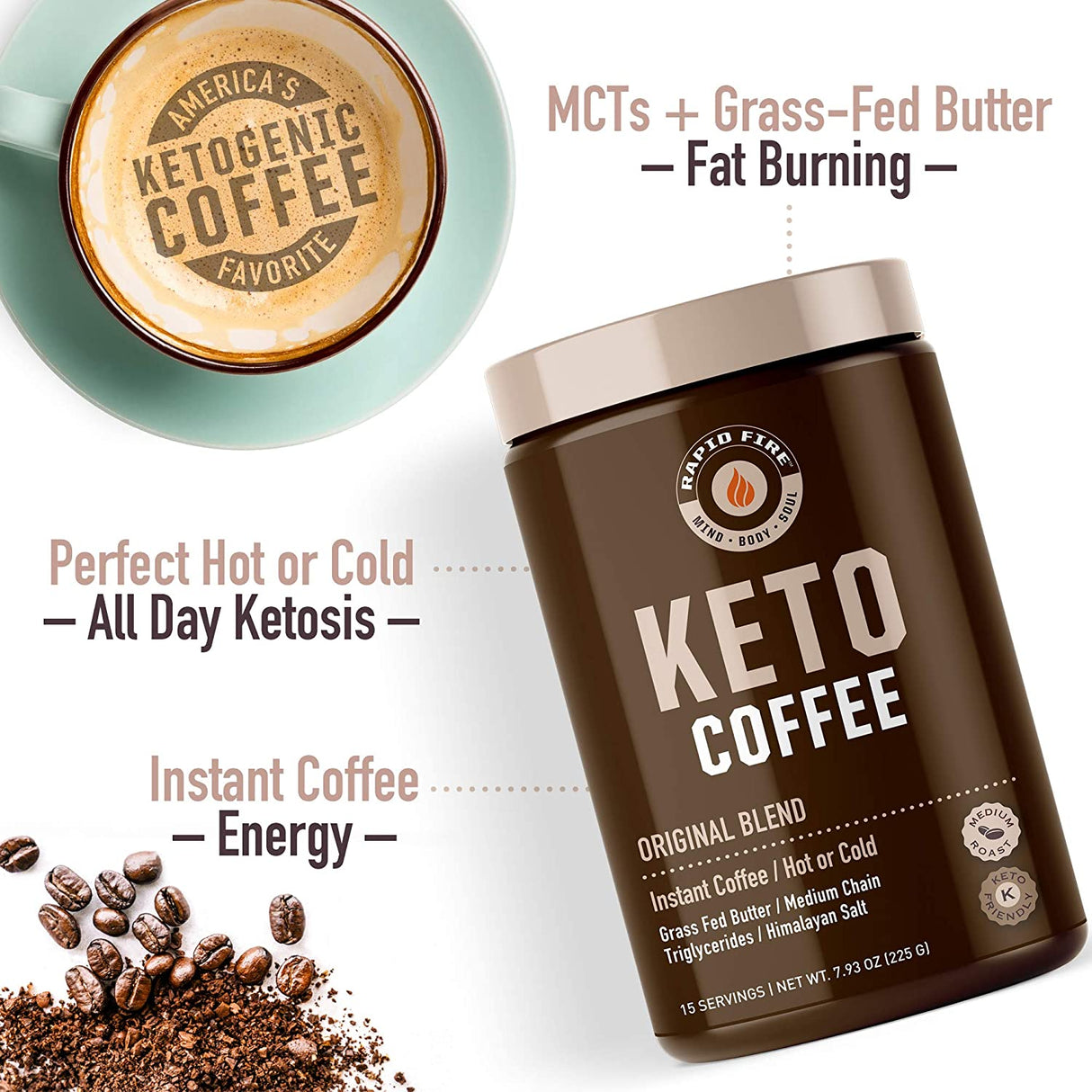 Rapid Fire Ketogenic Fair Trade Instant Keto Coffee Mix - Canister of 7.93 Oz - Cozy Farm