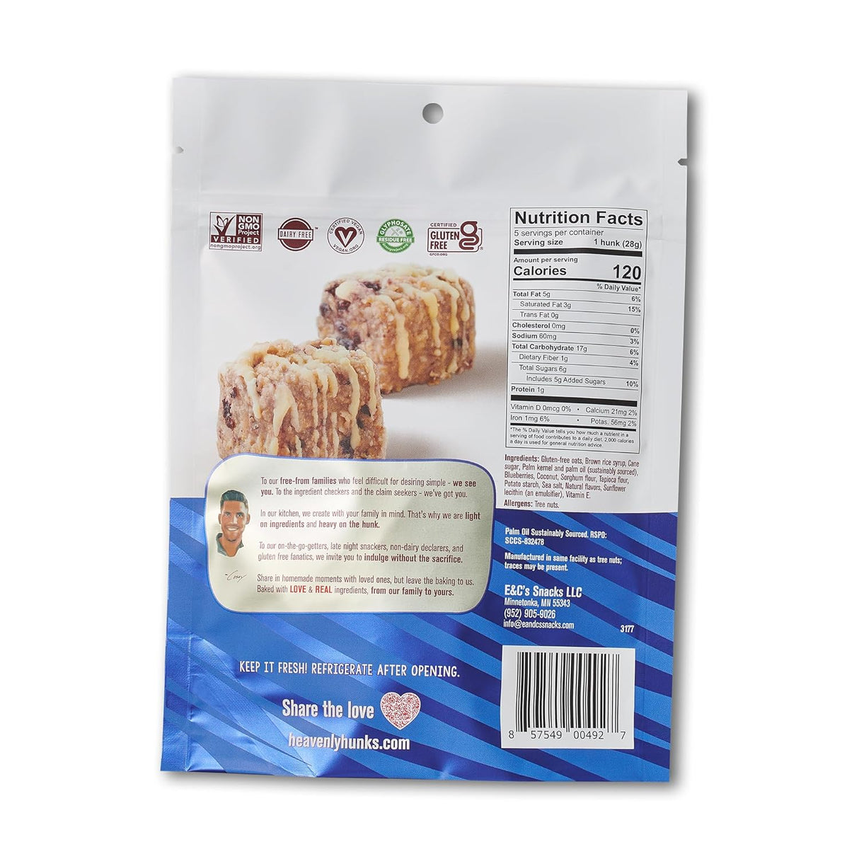 Back of a food package with nutritional information and branding on a white background