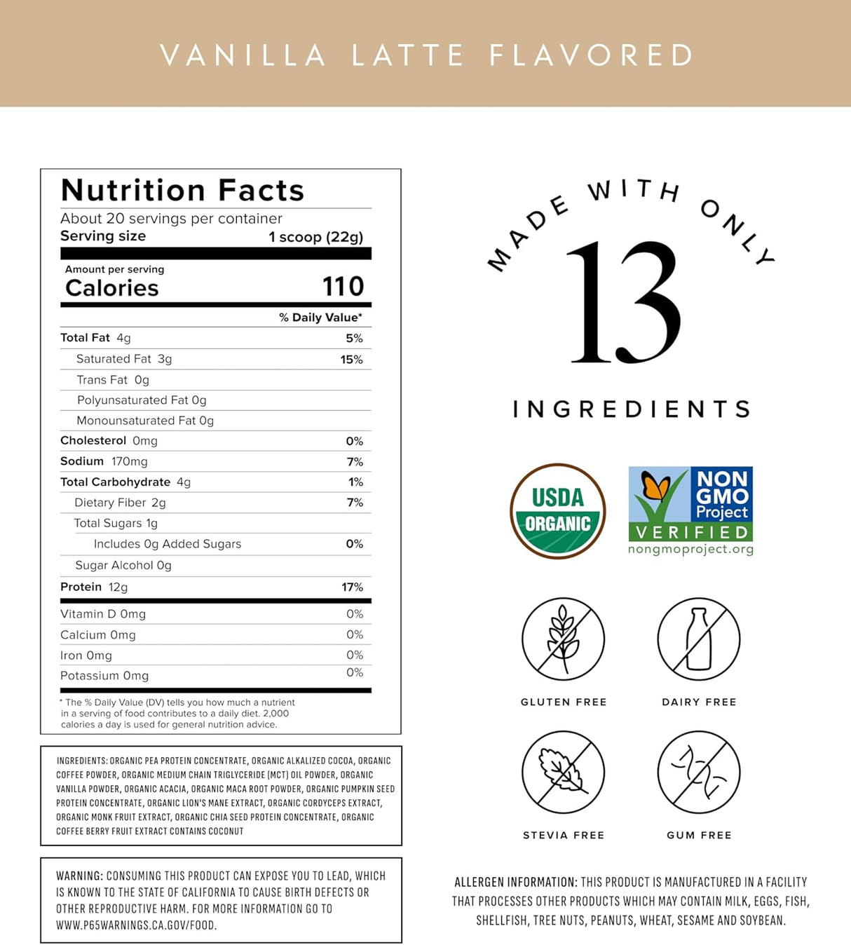Nutrition facts label for vanilla latte flavored product with 13 ingredients, organic verification, and allergen information.