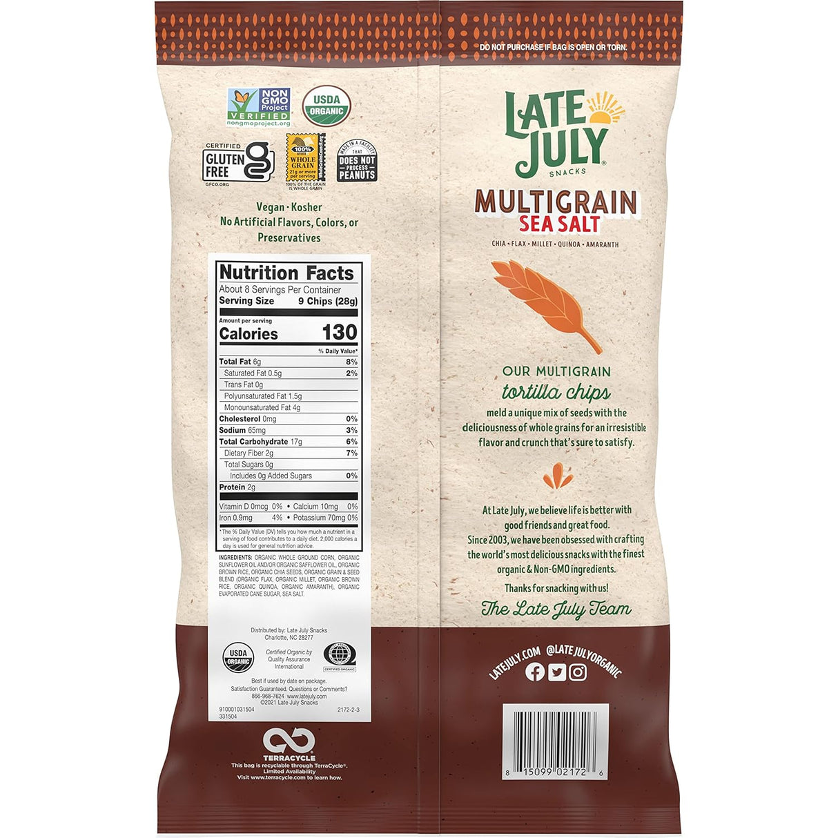 Late July Snacks Multigrain Sea Salt Tortilla Chips, 7.5 Oz. (Pack of 12)