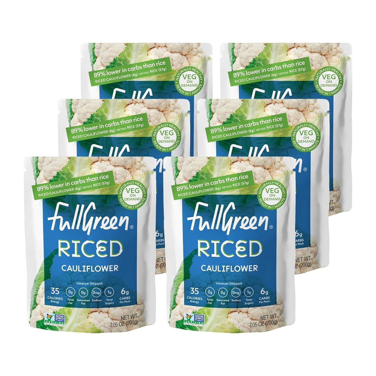 Fullgreen Riced Vegetable Cauliflower, Keto Certified, Non-GMO Verified, Gluten-Free, 6 - 7.05 Oz. Packs