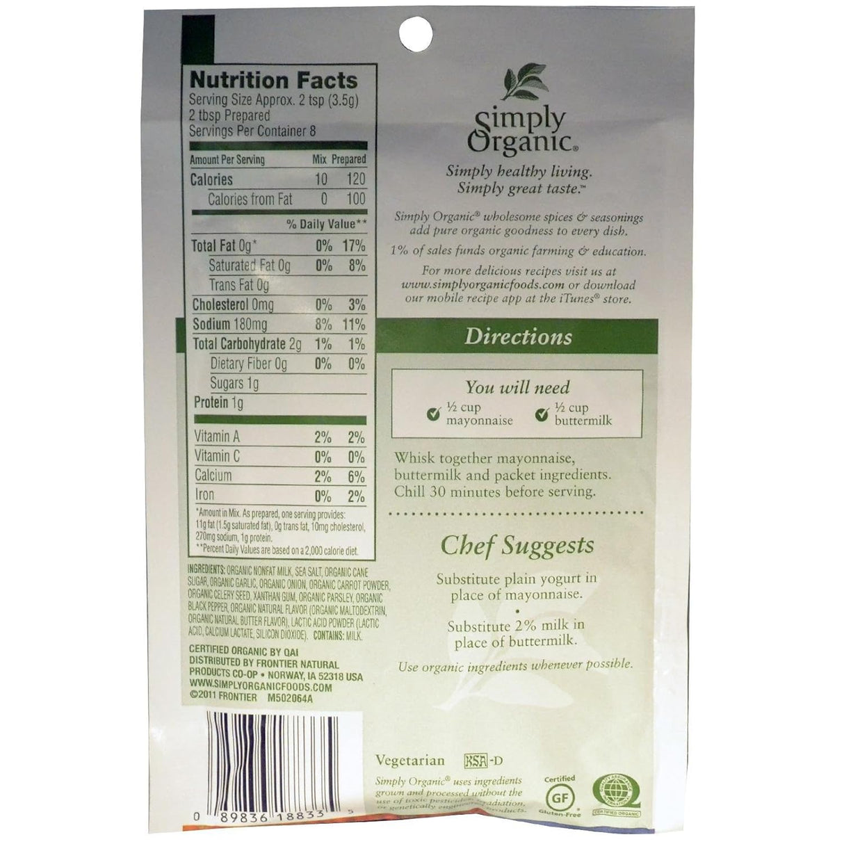 Simply Organic Ranch Salad Dressing Mix, Case of 12, 1 Oz. Packets