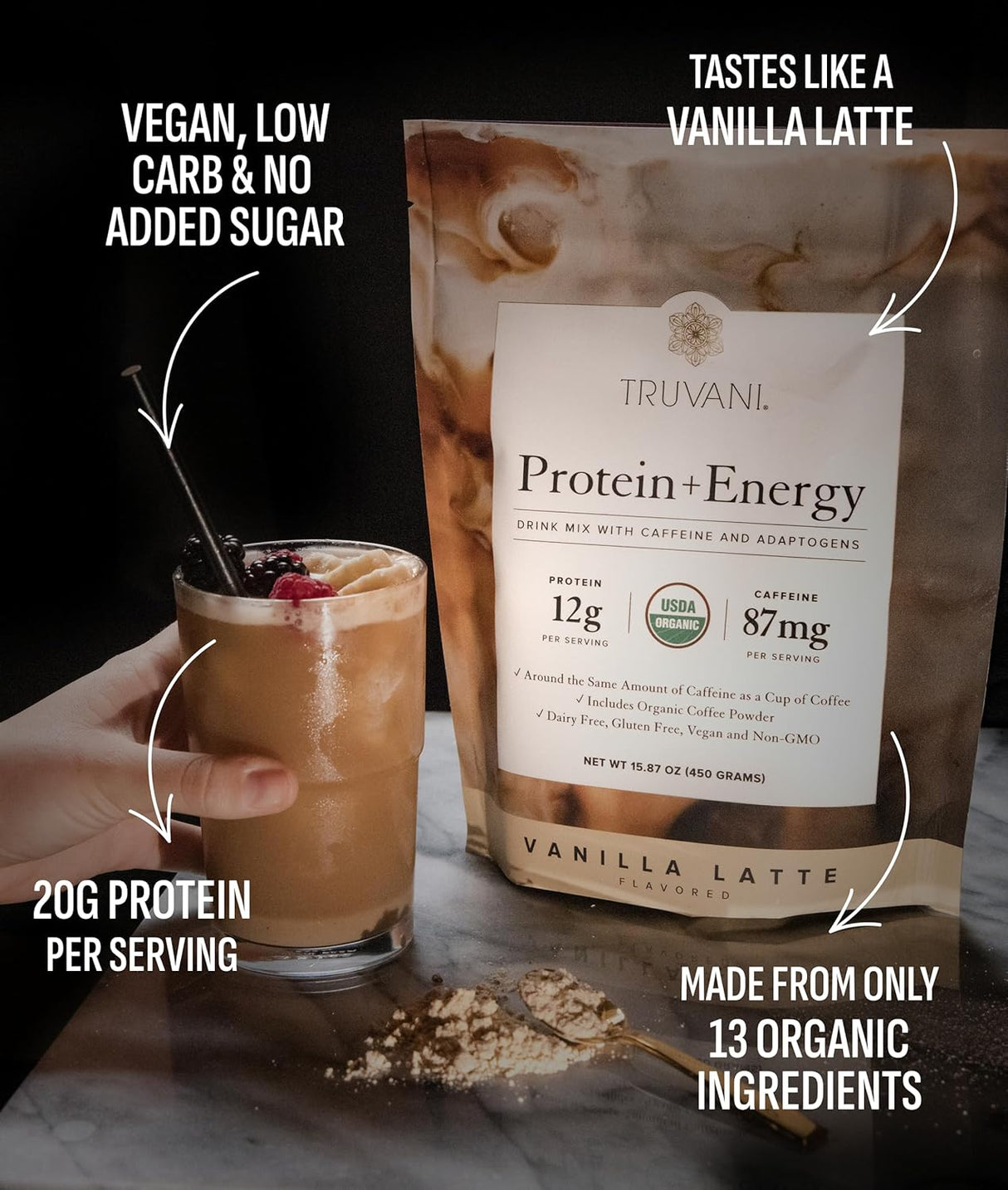Truvani Protein + Energy Vanilla Latte mix with a glass of latte and protein powder.
