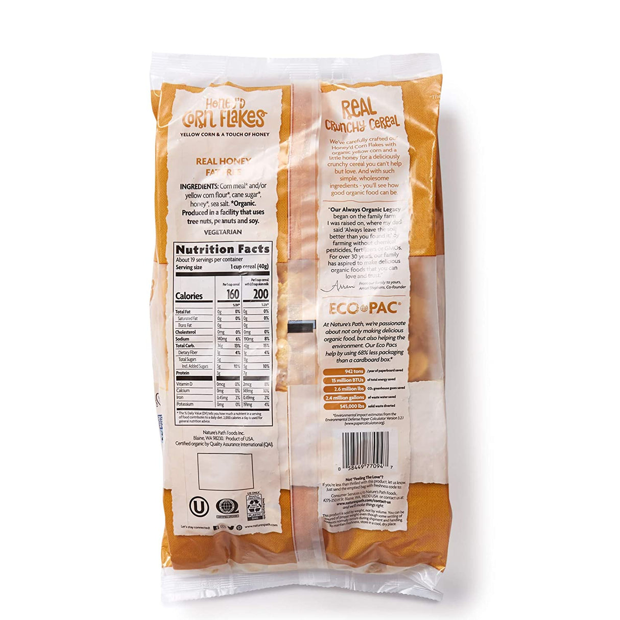 Nature's Path Organic Honey'd Corn Flakes, 6 x 26.4 Oz. - Sweetened with Honey - Cozy Farm