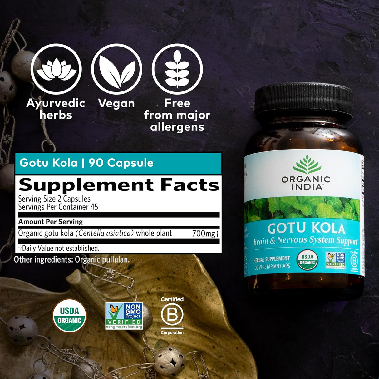 Organic India Gotu Kola Wellness Supplements, 90 Vegan Capsules