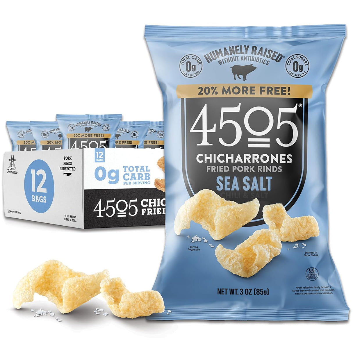 4505 - Sea Salt Chicharrones, 3 oz (Pack of 12) - Gluten-Free Pork Rinds