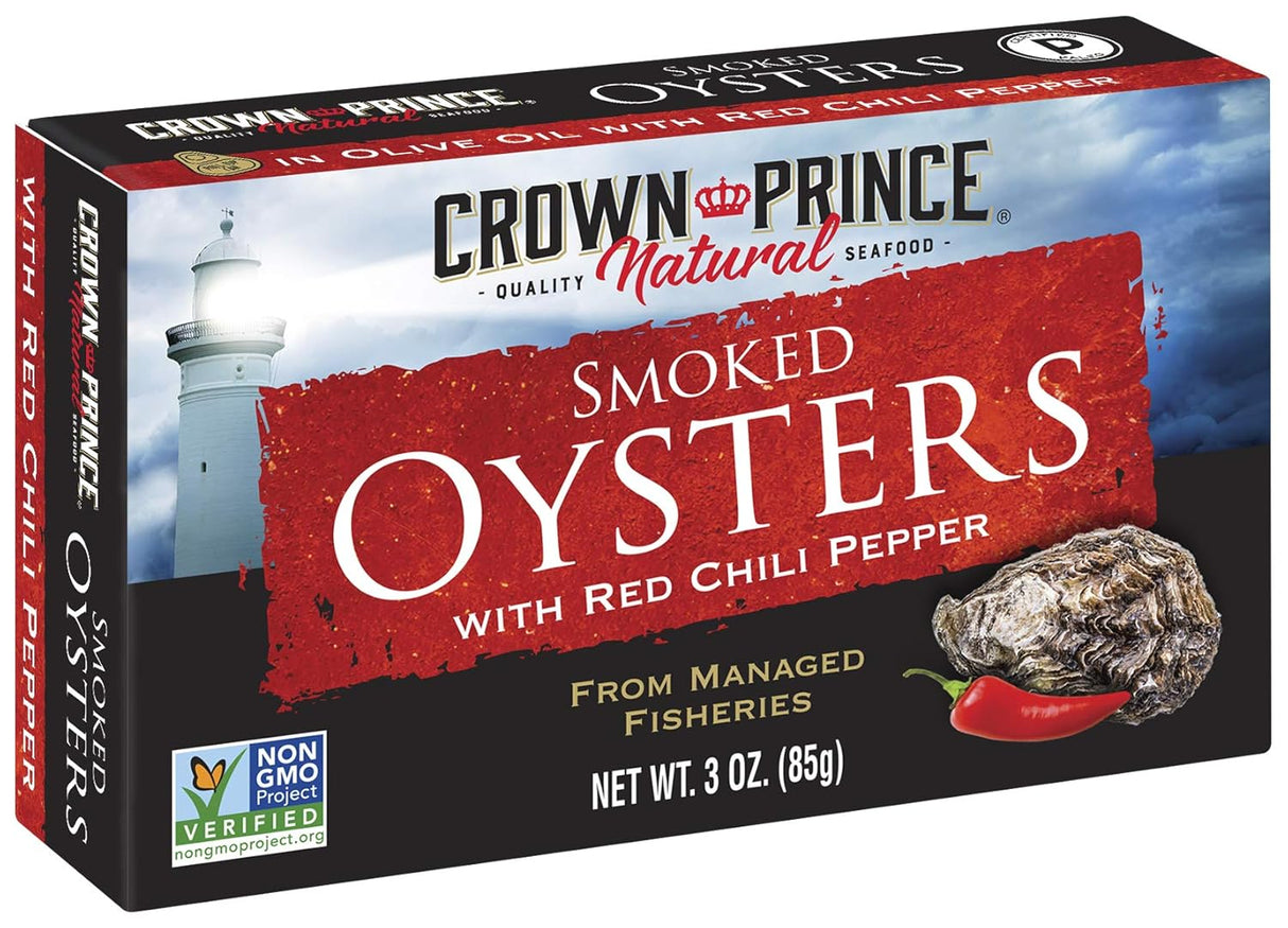 Crown Prince Smoked Oysters with Red Chili Pepper - 3 Oz. (Pack of 18)