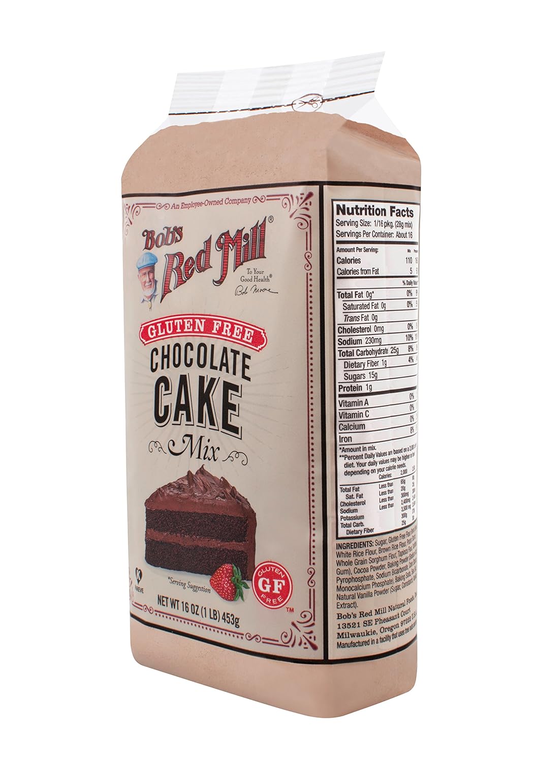 Bag of Bob's Red Mill Gluten Free Chocolate Cake Mix on a white background