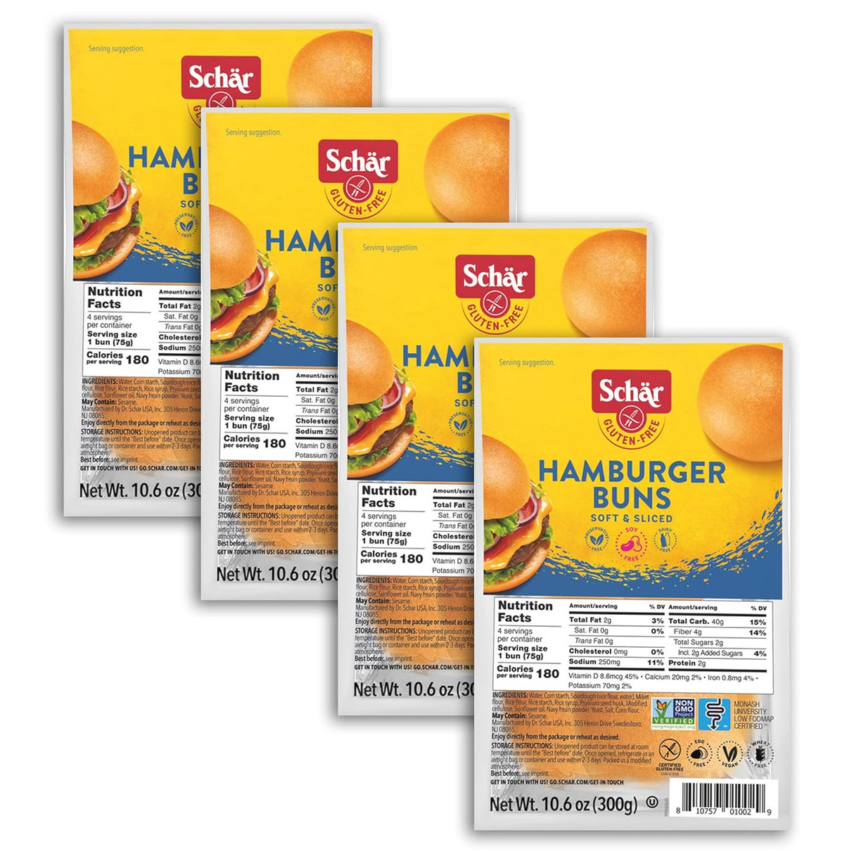 Four packages of Schar Hamburger Buns on a white background