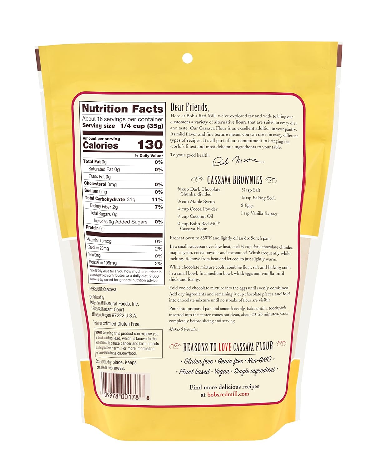 Back of a food package with nutrition facts label and ingredients list.
