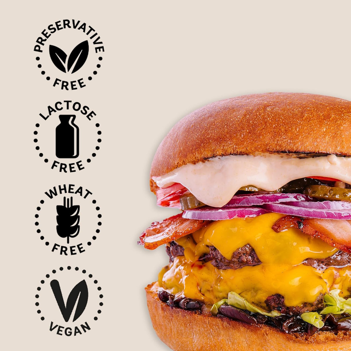 Vegan burger with cheese and vegetables on a bun, featuring 'preservative free', 'lactose free', 'wheat free', and 'vegan' labels on a beige background.
