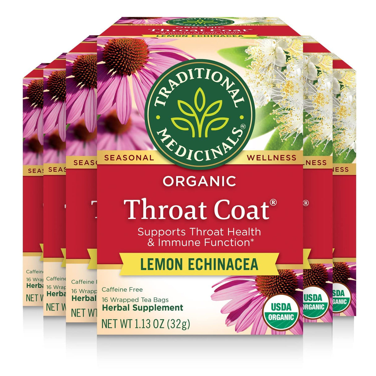 Traditional Medicinals Organic Lemon Echinacea Throat Coat Tea, 16 Bags, Case of 6 – Immune Support, Sore Throat Relief
