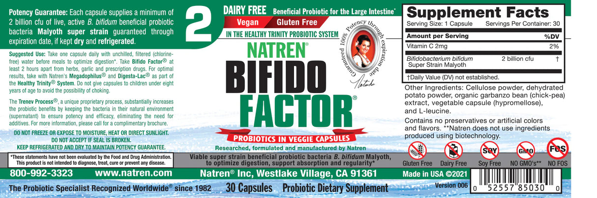 Natren Dairy-Free Bifidus Factor Probiotic, Bifidobacterium Blend, Digestive Support, 90 Capsules