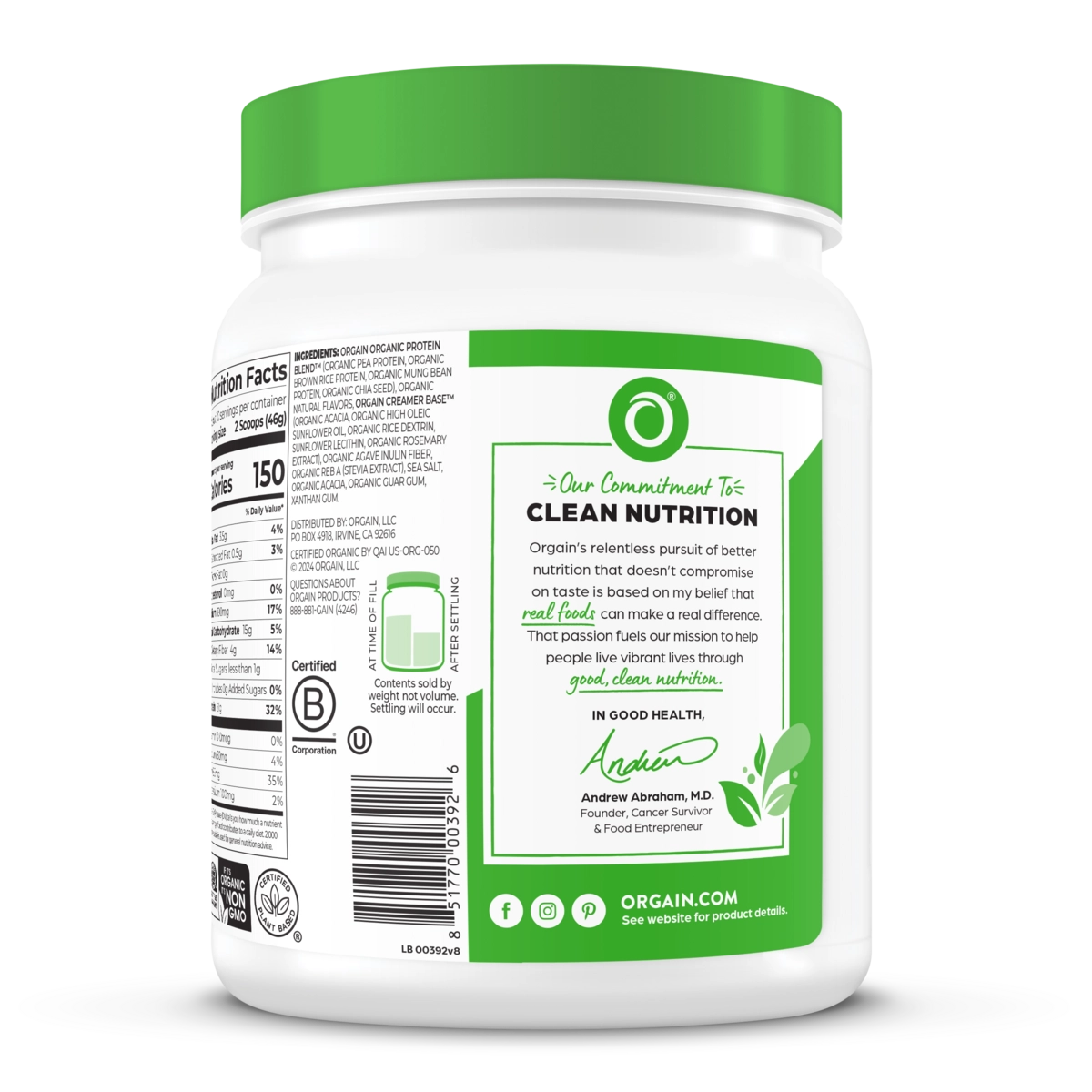 Orgain 有机植物蛋白粉 - 甜香草豆(2.03 磅)