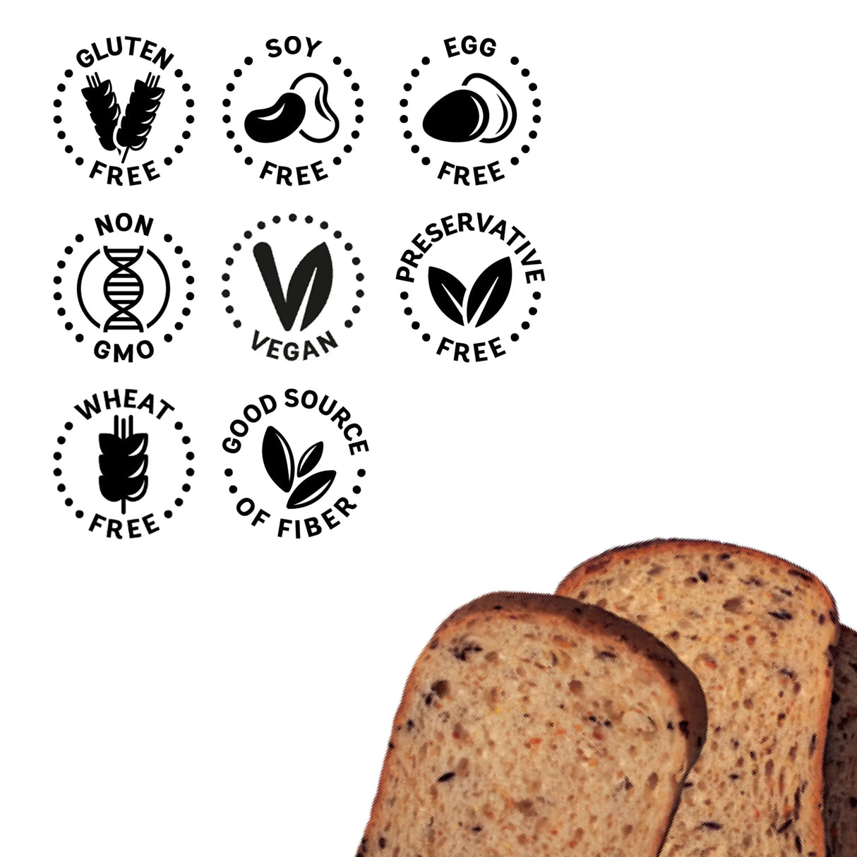 Loaf of bread with nutritional information icons on a white background