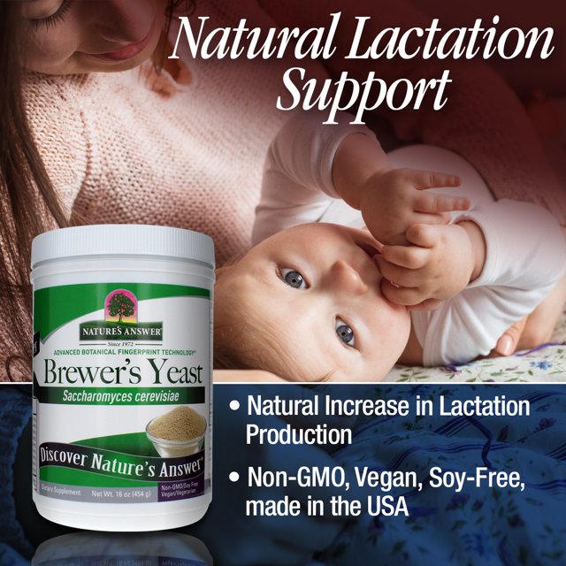 Nature's Answer Brewer's Yeast supplement with a baby and mother in the background, emphasizing natural lactation support.
