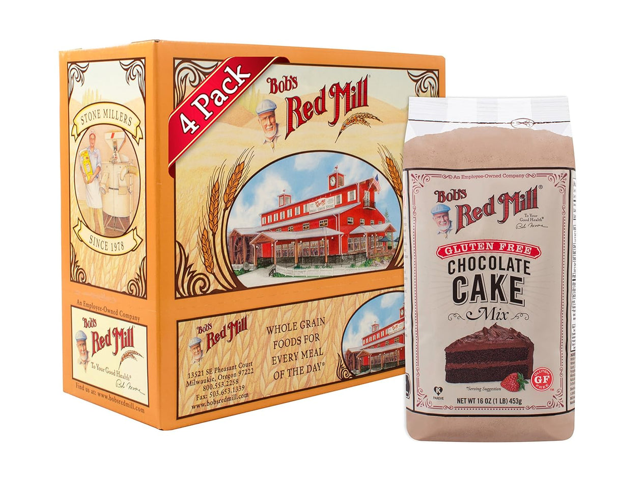 Bob's Red Mill chocolate cake mix packaging with a 4-pack box on a white background