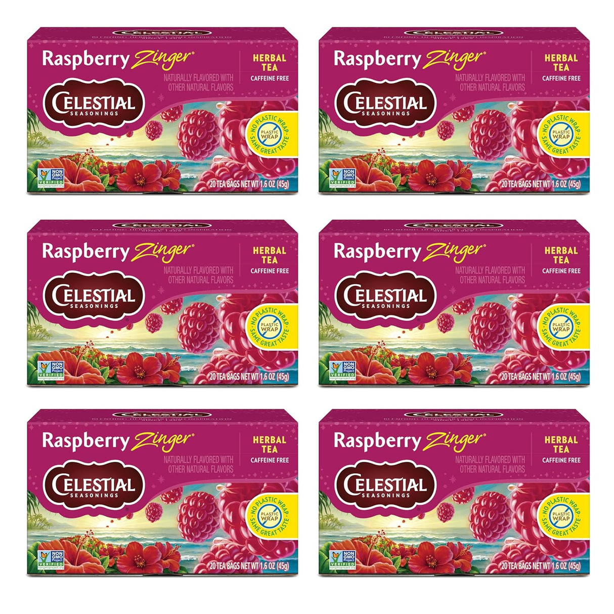 Six boxes of Celestial Seasonings Raspberry Zinger Herbal Tea on a white background