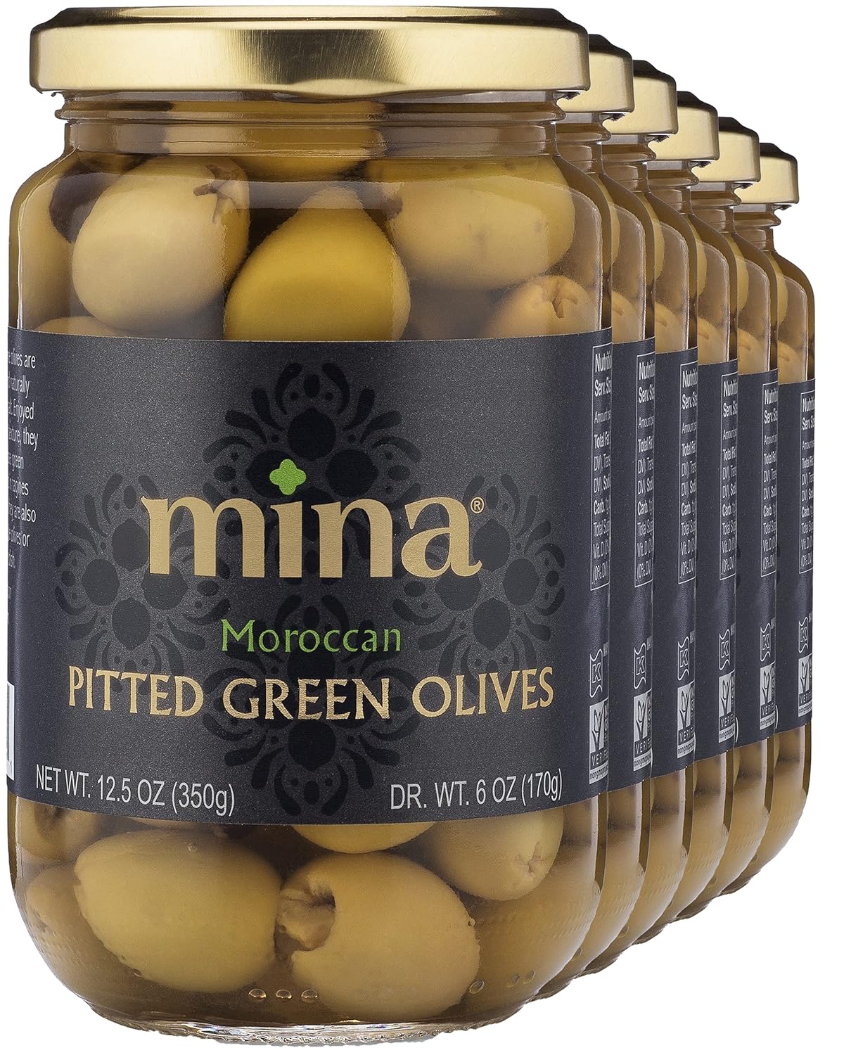 Jars of Mina Moroccan Pitted Green Olives on a white background