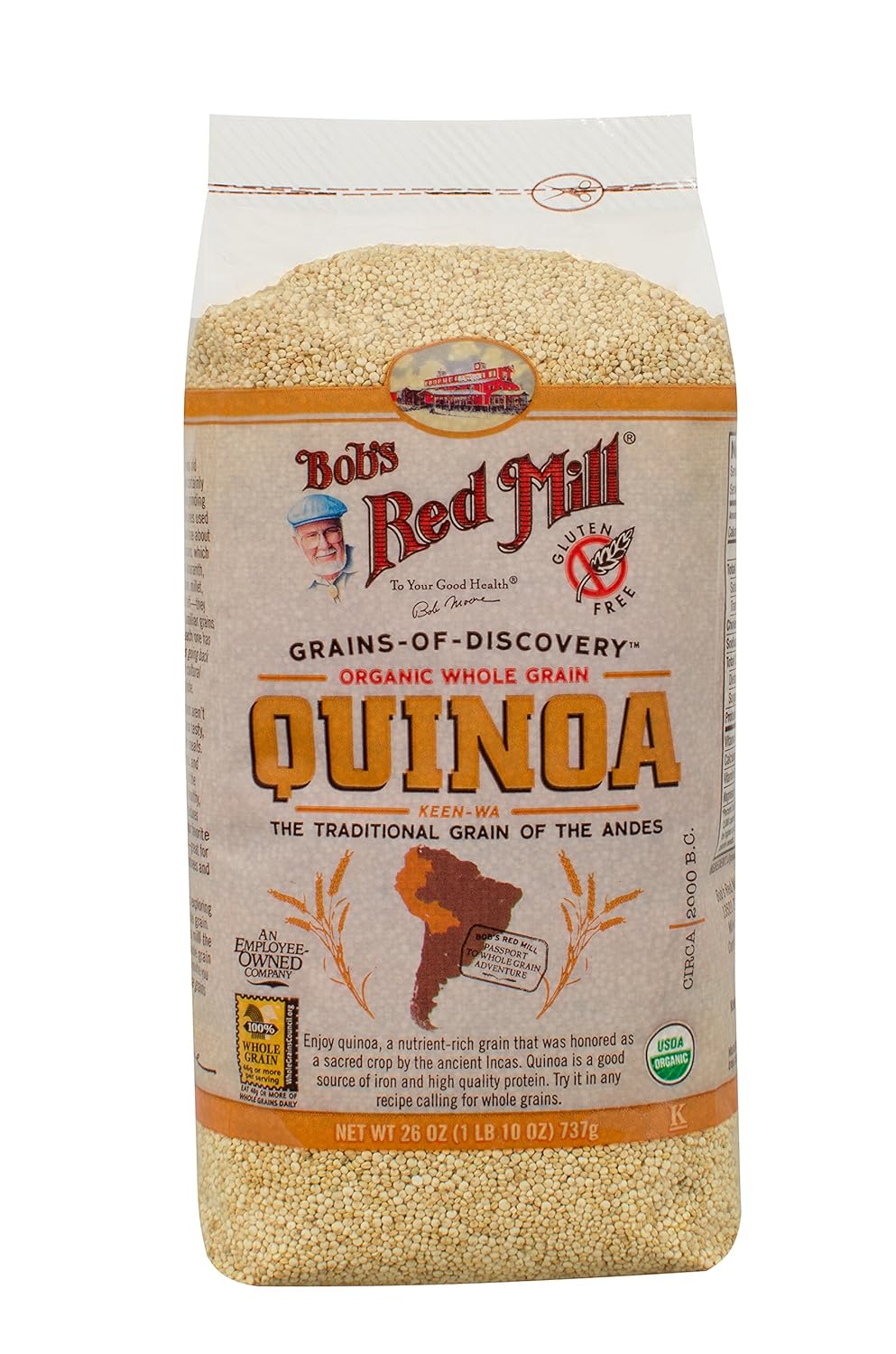 Bag of Bob's Red Mill organic whole grain quinoa on a white background