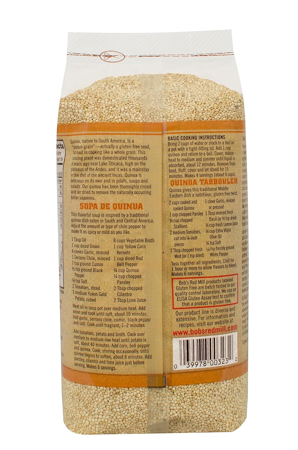Back view of a package of quinoa with text and branding on a white background