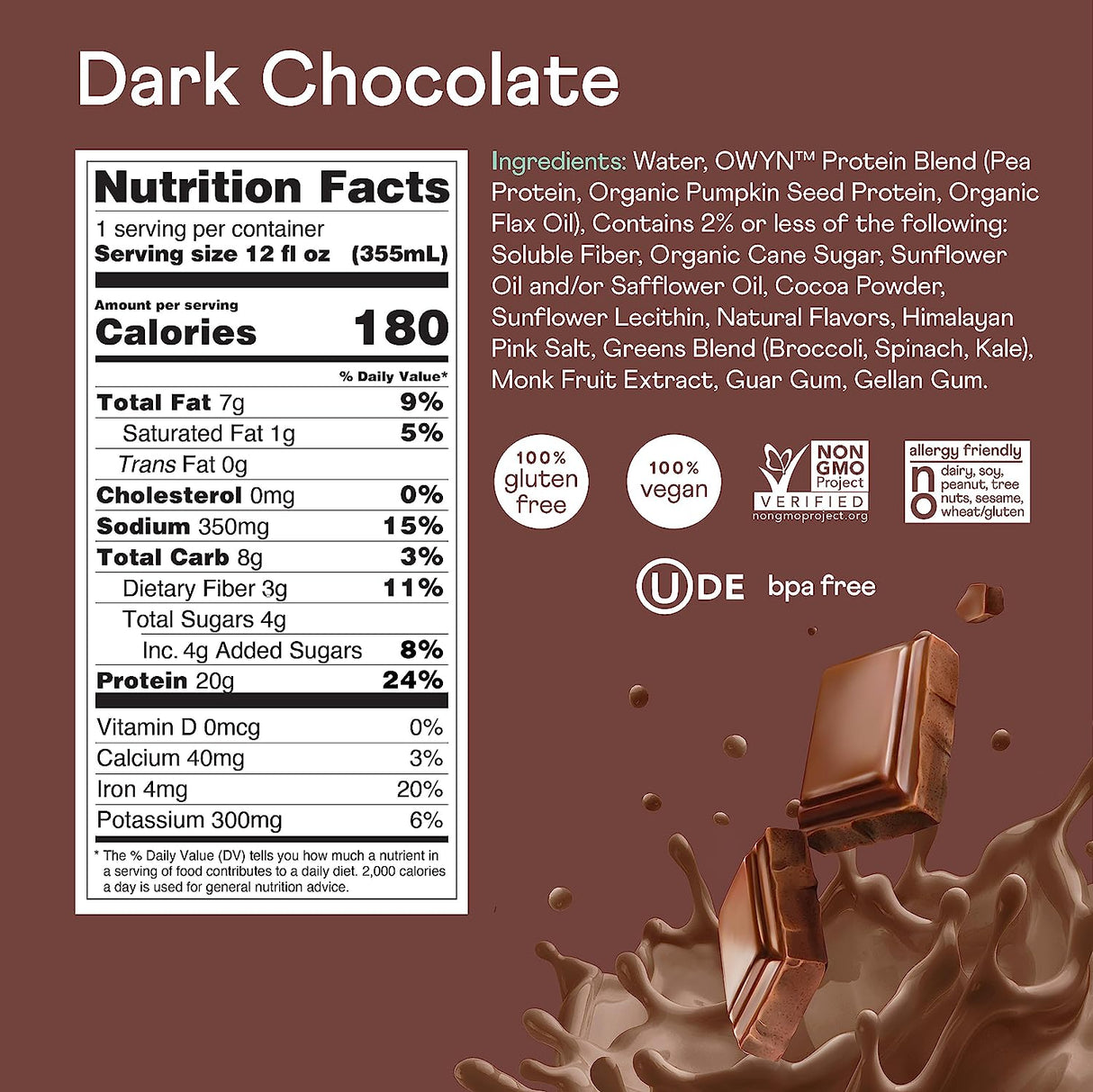 OWYN - Plant-Based Protein Shake - Dark Chocolate - 12 Fl Oz. (Pack of 12) - Cozy Farm
