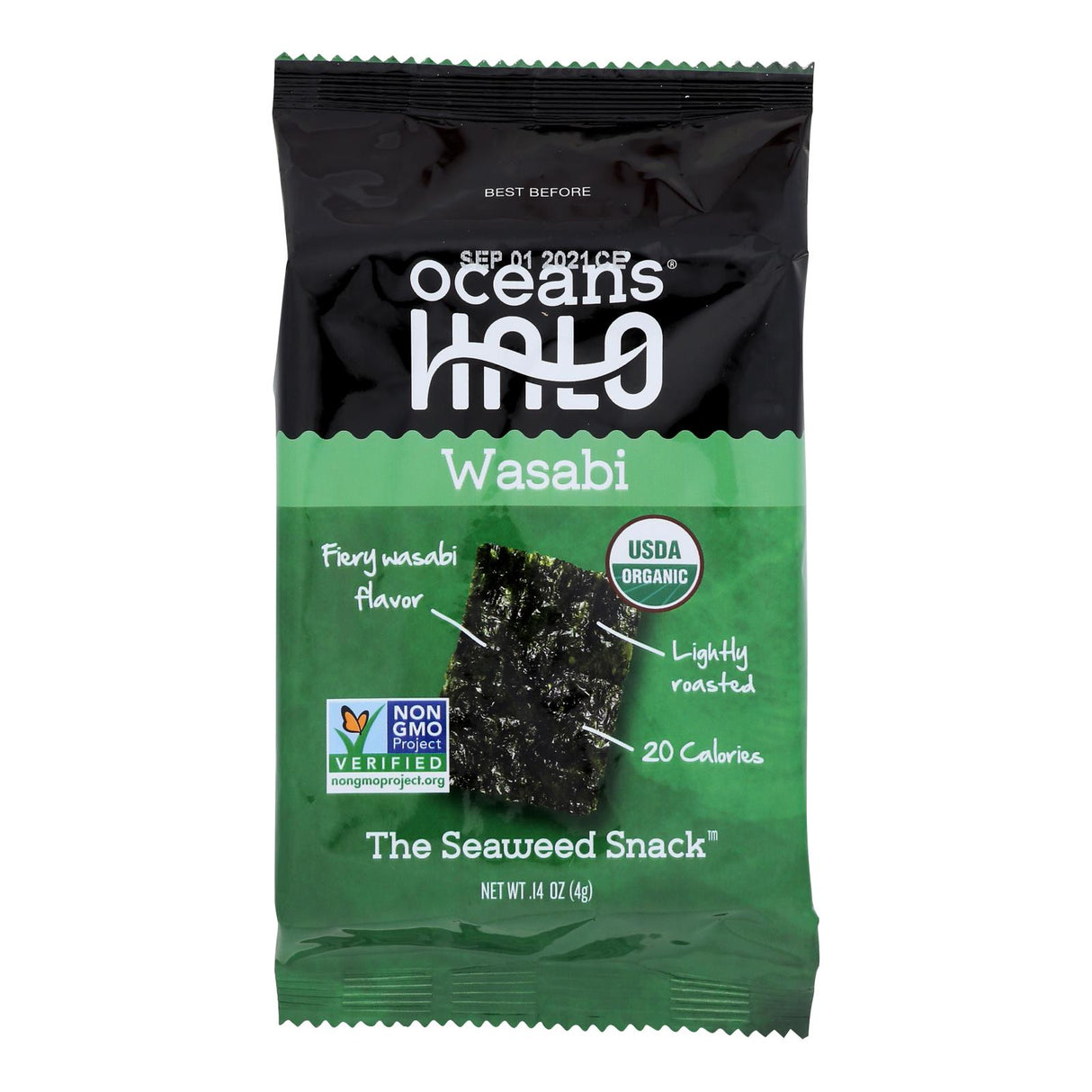 Ocean's Halo Premium Seaweed Snack, Wasabi Flavor, Gluten-Free, Case of 12, 0.14 Oz - Cozy Farm