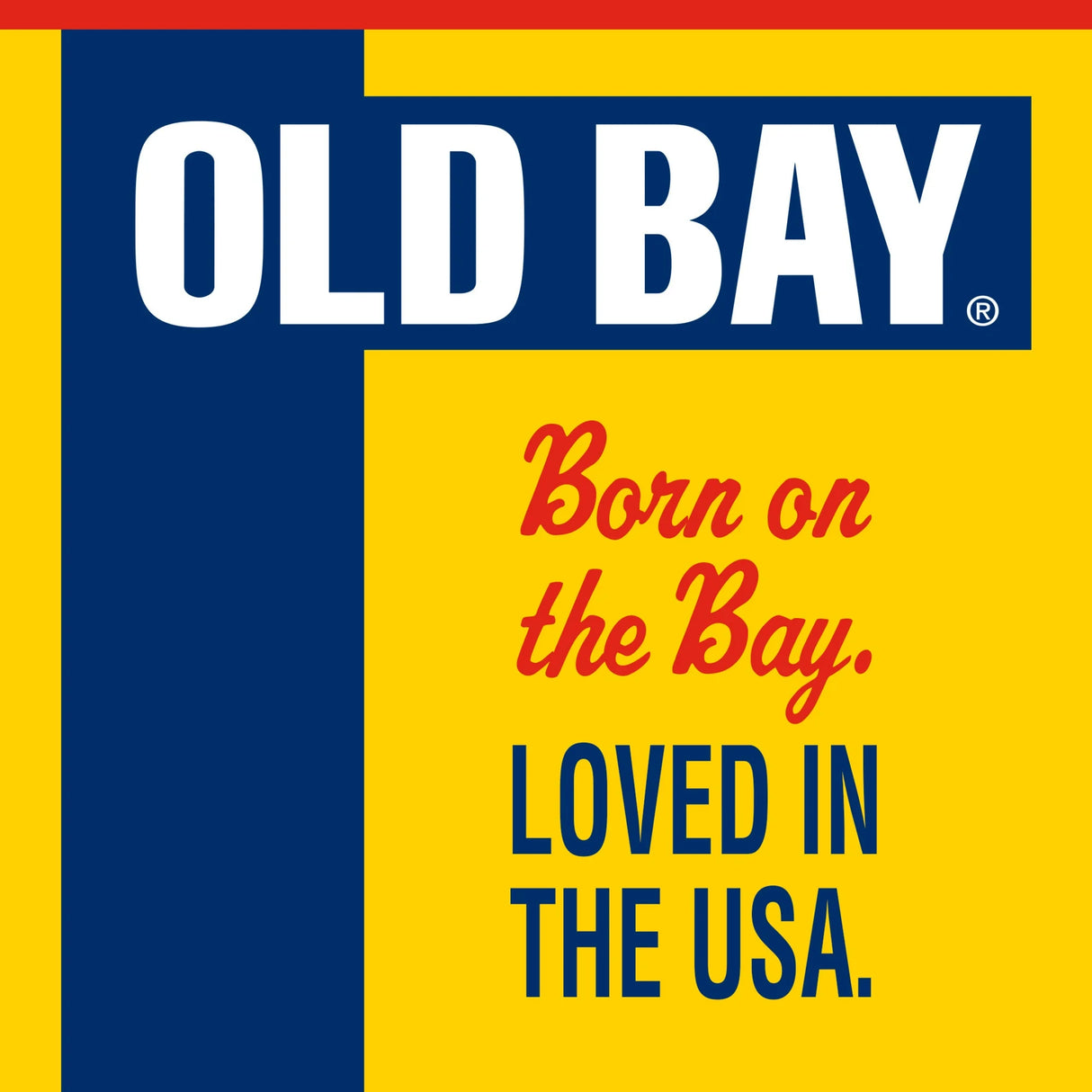 Old Bay logo with text 'Born on the Bay. Loved in the USA.' on a yellow and blue background