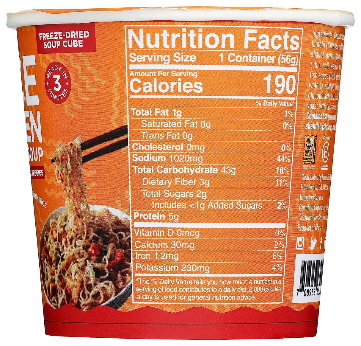 Lotus Foods Spicy Kimchi Instant Ramen Cup, 1.98 Oz (Pack of 6) - Cozy Farm