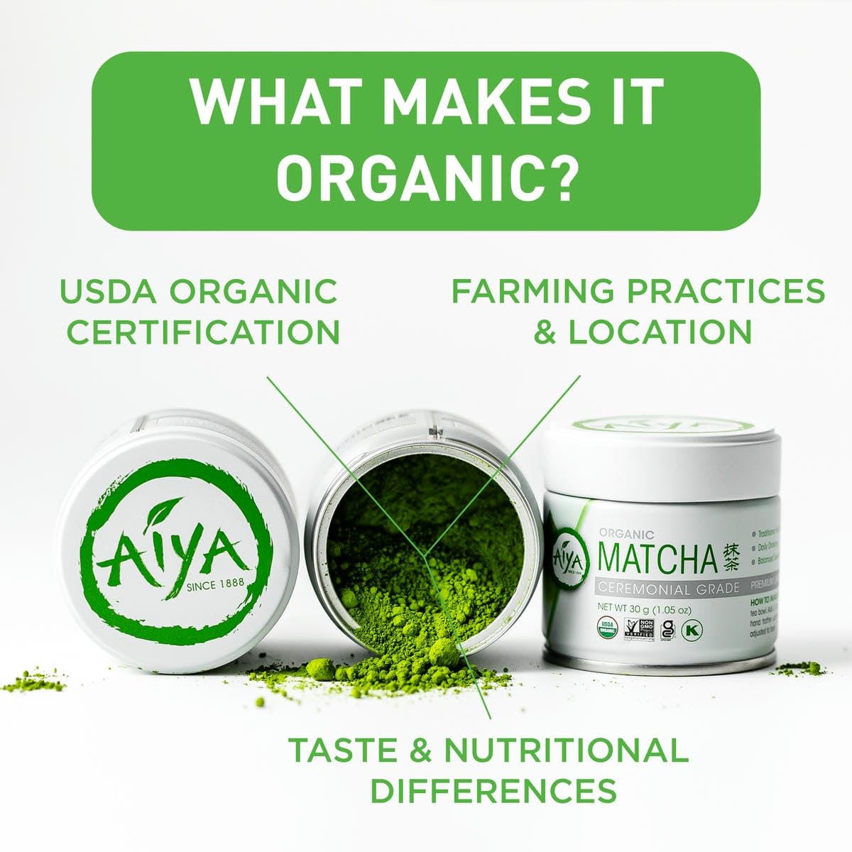 Aiya Matcha green tea with USDA Organic certification and farming practices information on a white background.