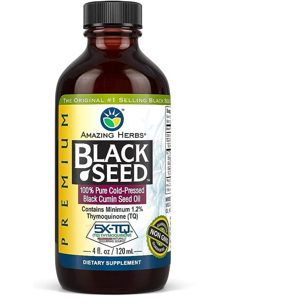 Bottle of Amazing Herbs Black Seed oil on a white background