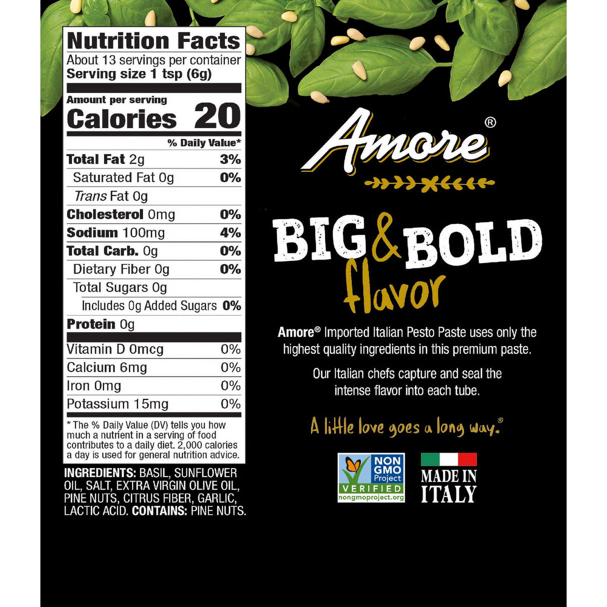 Amore pesto paste label with nutrition facts and product details on a black background