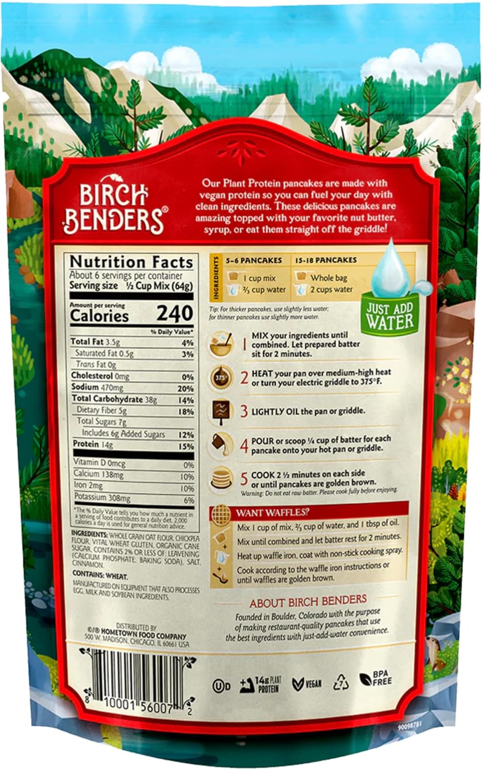 Back of a Birch Benders pancake mix package with nutritional facts and cooking instructions.